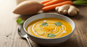 Golden Glow: Healthy Sweet Potato & Carrot Soup with Zesty Ginger