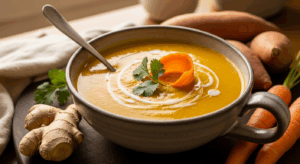 Golden Glow: Healthy Sweet Potato & Carrot Soup with Zesty Ginger
