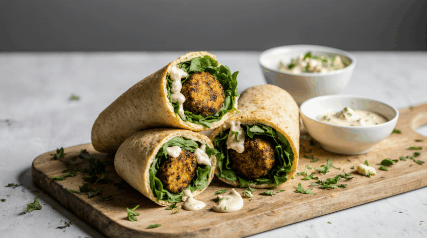 Falafel Wrap Delight: Tahini Sauce & Fresh Mixed Greens